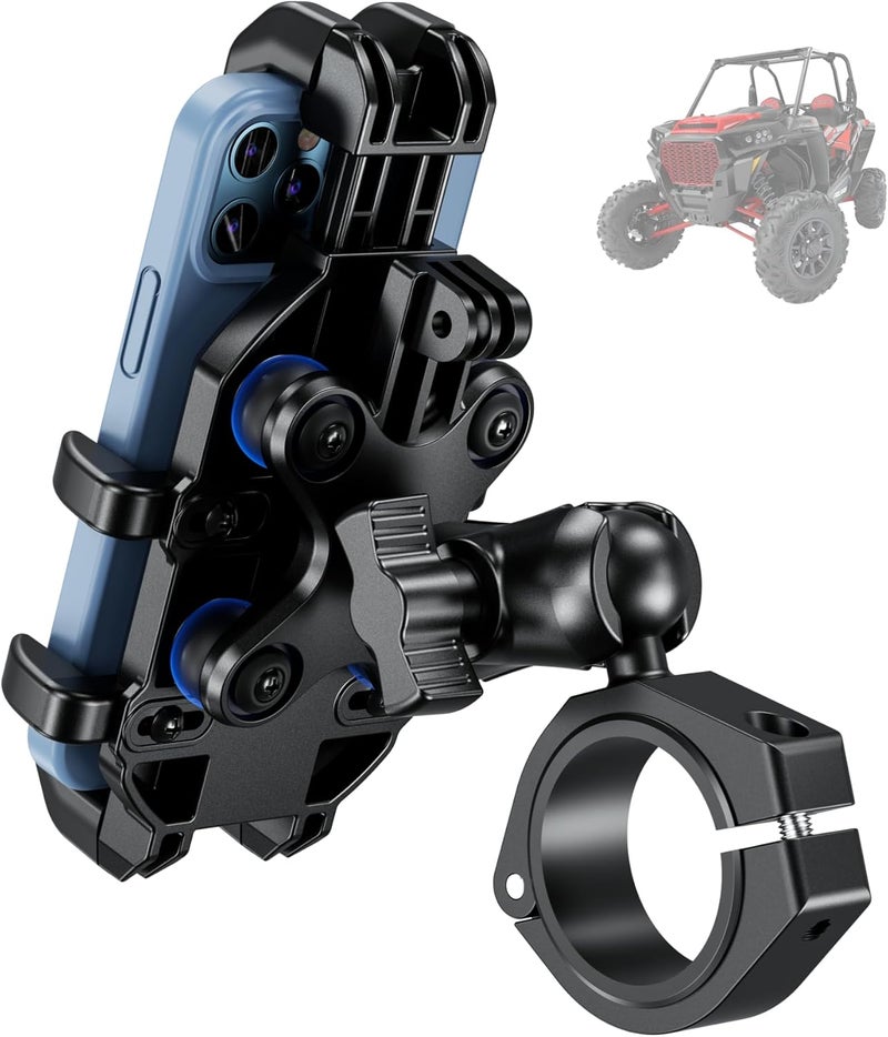 BRCOVAN UTV Phone Mount with Vibration Dampener, Adjustable Heavy Duty UTV Roll Cage Cellphone Holder Fit on 1.5''/1.65''/1.75''/1.85''/2'' Roll Bar, Compatible with 5.4''-6.9'' Smartphones - Image 1